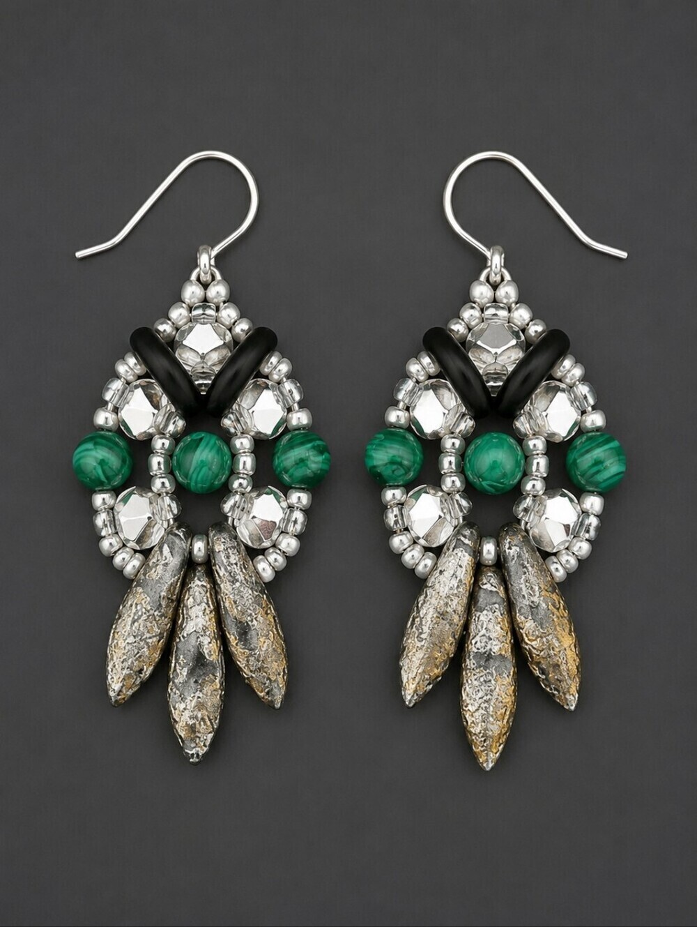 HANDMADE Czech Glass Malachite Dagger Bead Woven Dangle Hook Earrings